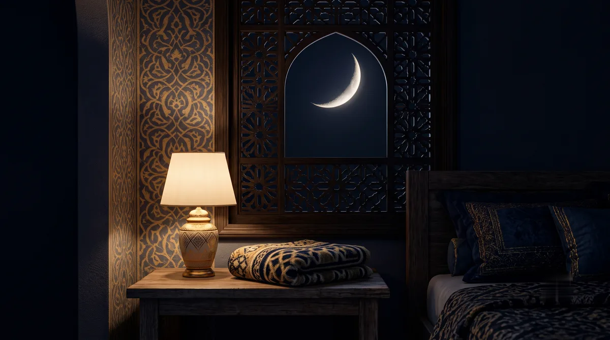 Sudut kamar yang tenang pada malam hari dengan lampu kecil yang meredup, ilustrasi untuk bagian Adab Sebelum Tidur