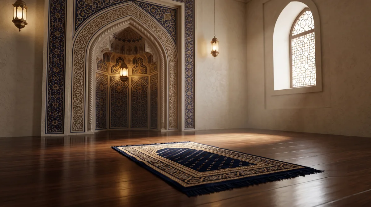 Sajadah terbuka menghadap mihrab dengan cahaya lembut dari jendela tinggi, ilustrasi untuk bagian Bacaan Doa Iftitah Arab, Latin, dan Artinya