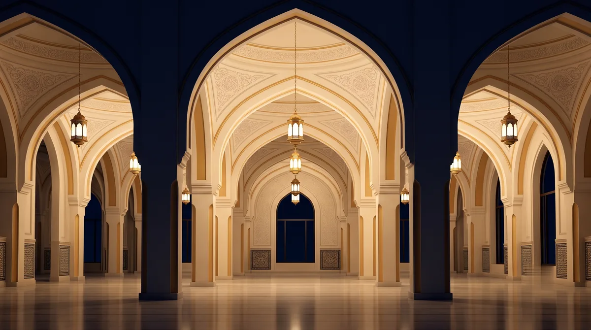 Interior masjid pada malam hari dengan deretan lengkung dan lampu kuningan gantung, ilustrasi untuk bagian Syarat Kesunnahan, Makmum Masbuq, dan Kesalahan Umum