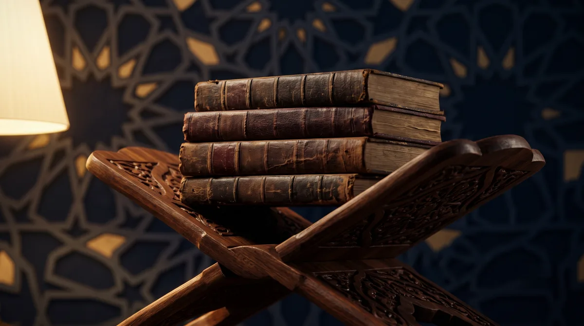 Tumpukan kitab bersampul kulit tertutup di atas rehal kayu berukir, ilustrasi untuk bagian Kisah Nabi Yunus dalam Al-Qur'an
