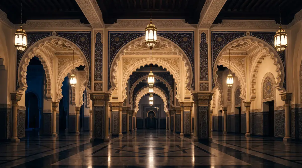 Interior masjid pada malam hari dengan deretan lengkung dan lampu kuningan gantung, ilustrasi untuk bagian Tata Cara Membaca Qunut Langkah demi Langkah