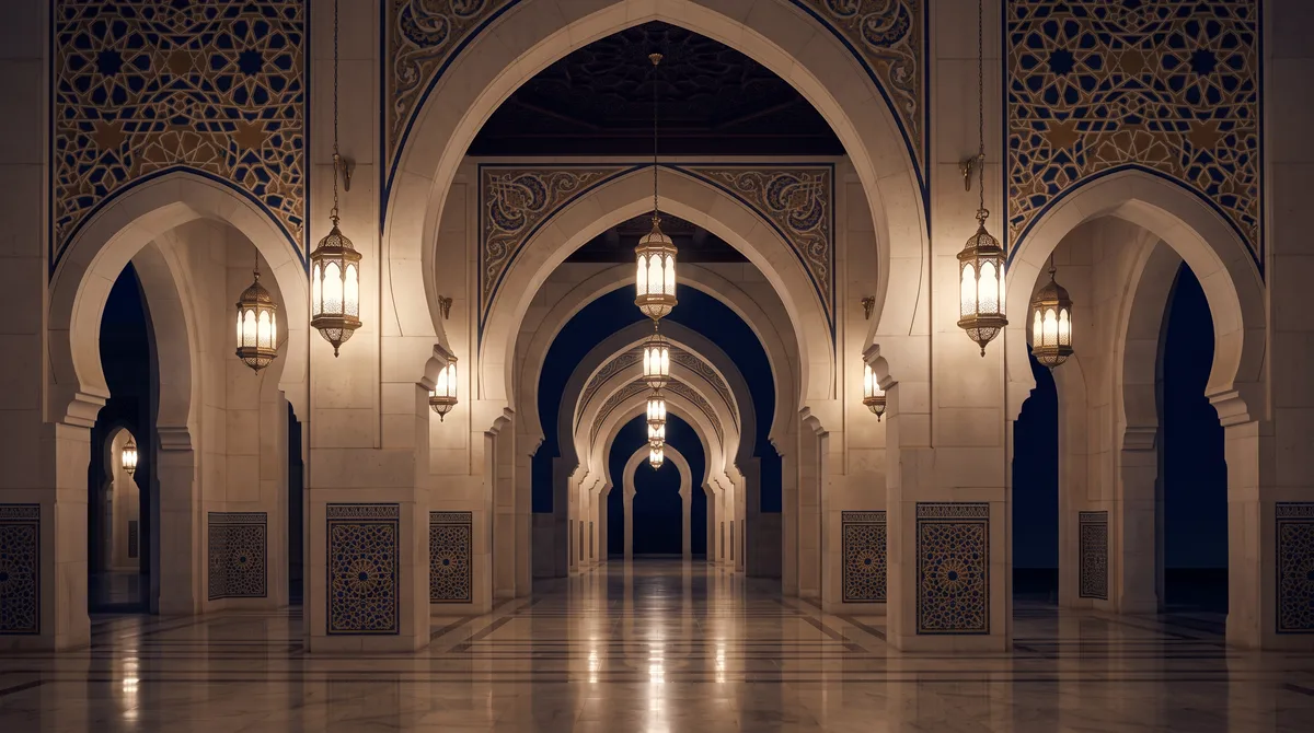 Interior masjid pada malam hari dengan deretan lengkung dan lampu kuningan gantung, ilustrasi untuk bagian Doa Keselamatan Lain yang Bersumber