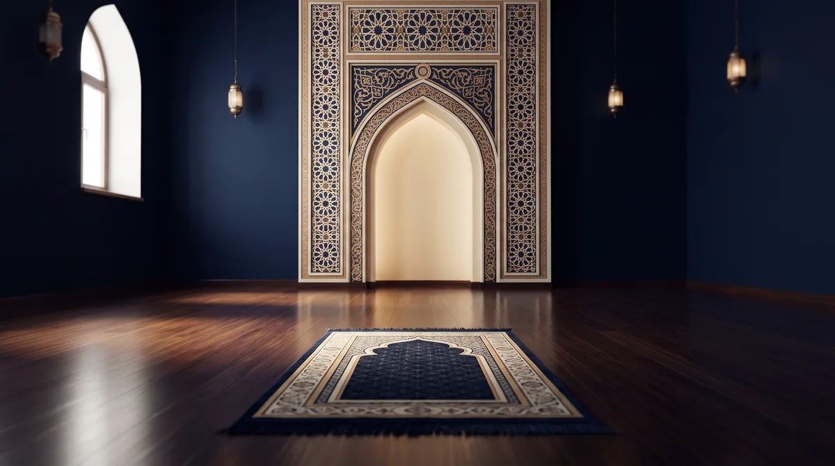 Sajadah terbuka menghadap mihrab dengan cahaya lembut dari jendela tinggi, ilustrasi untuk bagian Niat dan Tata Cara Sholat Hajat Langkah demi Langkah