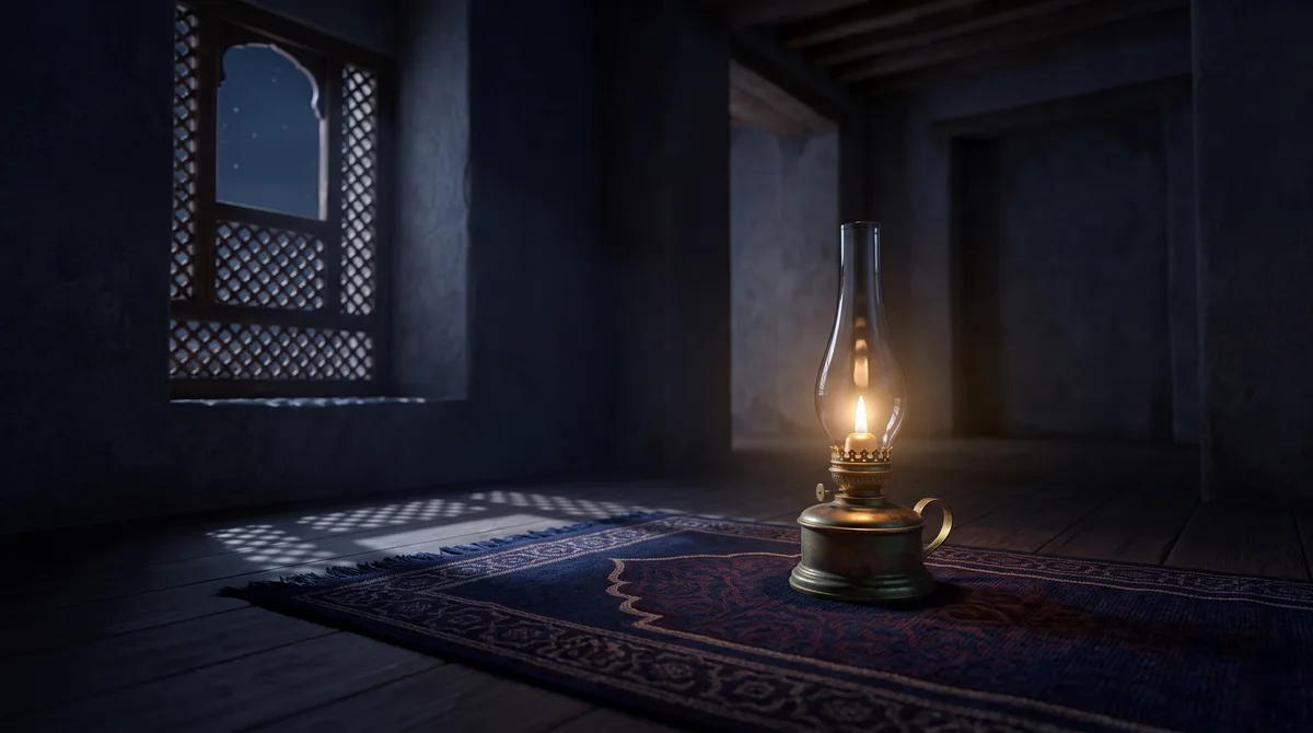 Lampu minyak menyala di atas sajadah pada malam hari, ilustrasi untuk bagian Waktu Terbaik Sholat Tahajud