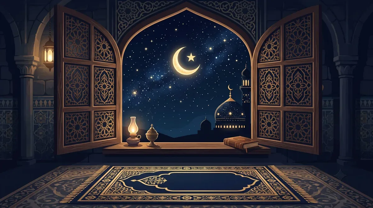 Suasana ibadah malam dengan sajadah dan cahaya bulan untuk membaca doa Lailatul Qadar