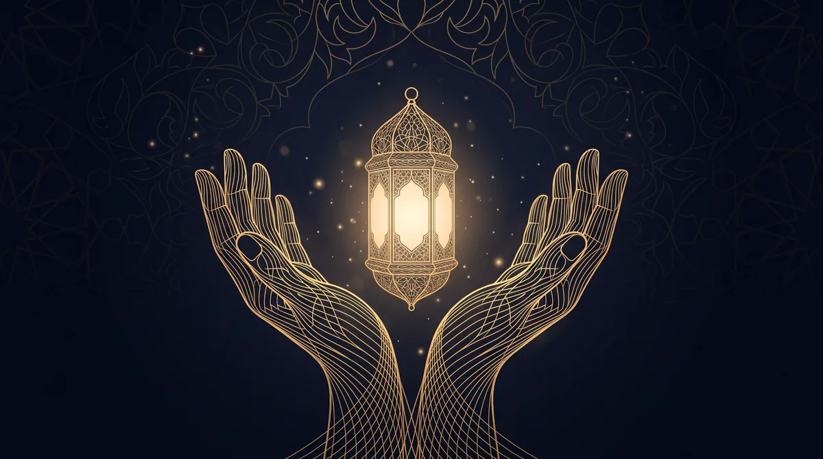 Dua tangan terbuka bergaya garis emas abstrak dengan lentera hangat di antaranya, ilustrasi untuk bagian Doa yang Dibaca Orang Sakit untuk Dirinya