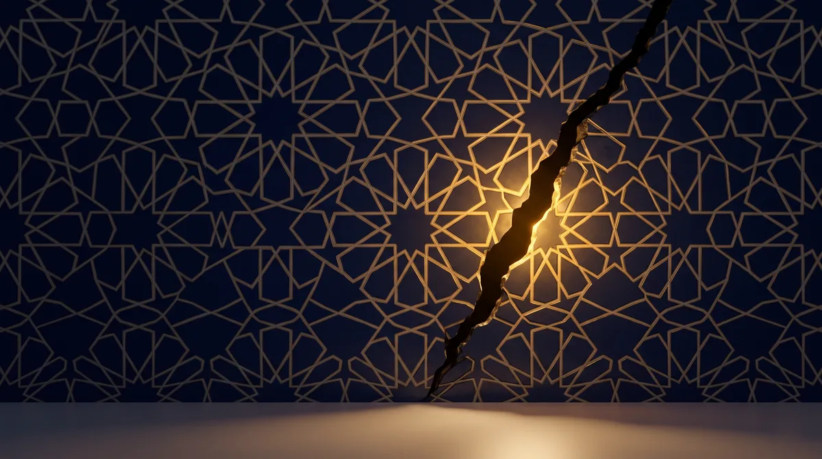 Celah cahaya emas menembus susunan ubin geometris, ilustrasi untuk bagian Makna Sakit dalam Islam: Penggugur Dosa, Bukan Hukuman