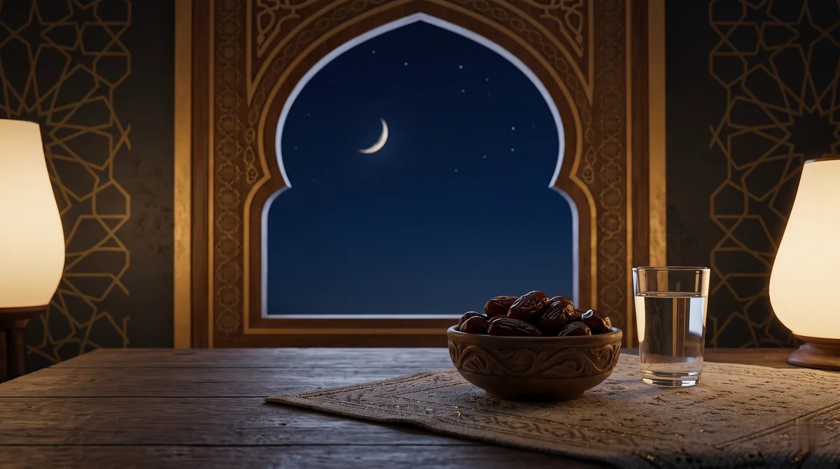 Meja kayu dengan semangkuk kurma dan segelas air menjelang berbuka, ilustrasi untuk bagian Cara Sidang Isbat Kemenag Menentukan Awal Ramadan