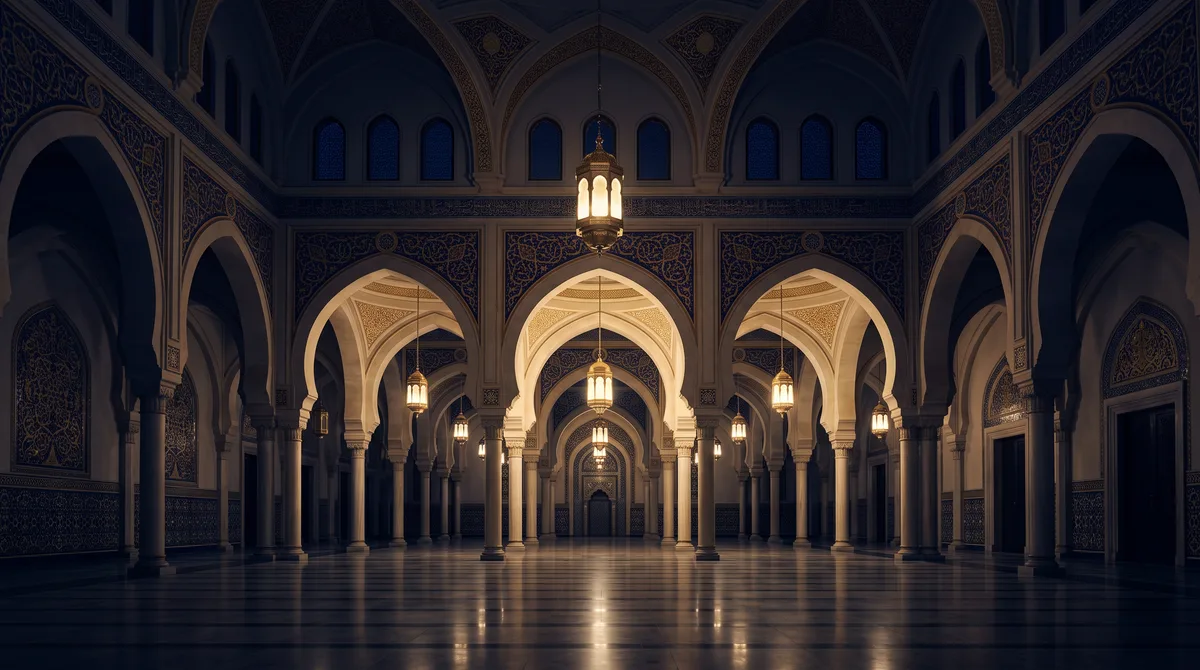 Interior masjid pada malam hari dengan deretan lengkung dan lampu kuningan gantung, ilustrasi untuk bagian Niat dan Ketentuan Dasar Puasa Ramadan
