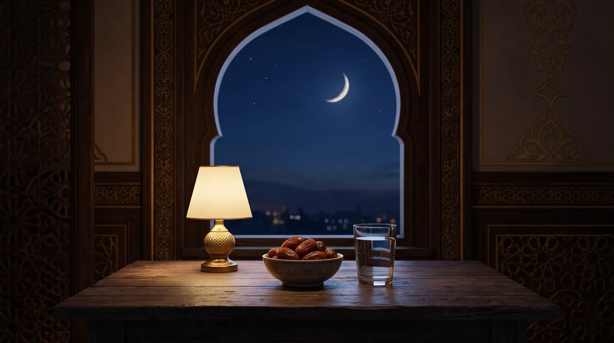 Meja kayu dengan semangkuk kurma dan segelas air menjelang berbuka, ilustrasi untuk bagian Niat Puasa Sebulan Penuh