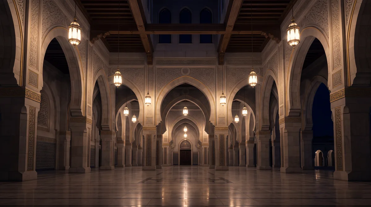Interior masjid pada malam hari dengan deretan lengkung dan lampu kuningan gantung, ilustrasi untuk bagian Niat Sholat Idul Fitri: Imam, Makmum, Sendiri