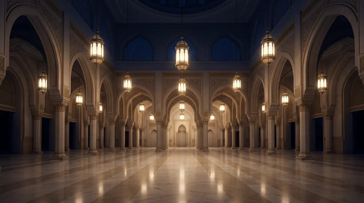 Interior masjid pada malam hari dengan deretan lengkung dan lampu kuningan gantung, ilustrasi untuk bagian Posisi Imam dan Saf Makmum