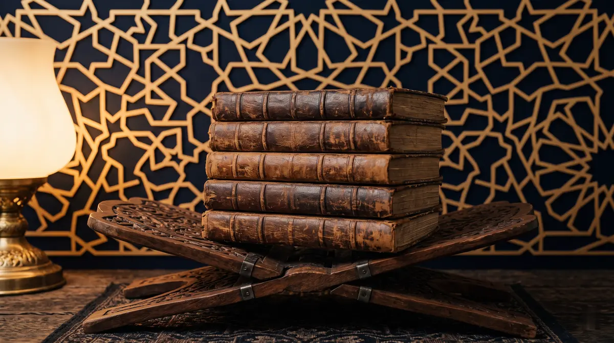Tumpukan kitab bersampul kulit tertutup di atas rehal kayu berukir, ilustrasi untuk bagian Dalil dan Pandangan Ulama